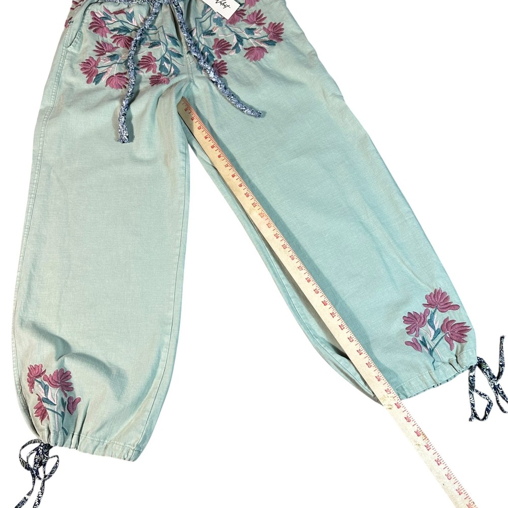 Blue Velvet Jogger Pants NWT Women S Sage Floral Embroidery Elastic Waist Cotton - Picture 4 of 11